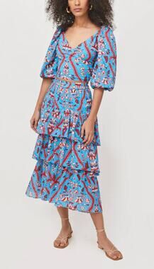 RHODE Tuckernuck Lisbeth Ruffle Tiered Midi Skirt Plumeria Sky Print Cotton XS
